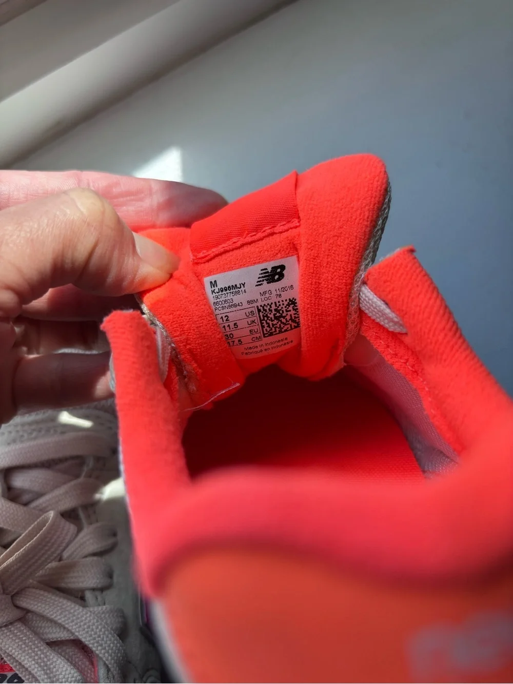 NEW! New Balance 996 Kids Crewcut Silver Sneakers w Pink/Orange Accents Size 12